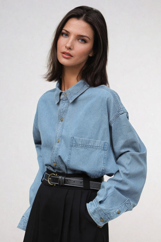 Oversized Button-Up Denim Shirt with Single Front Pocket - Blue