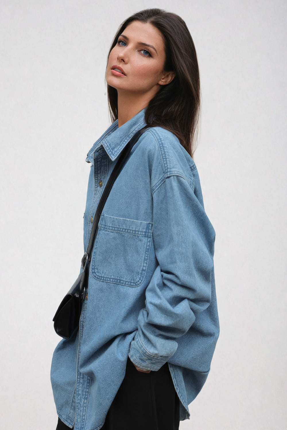 Oversized Button-Up Denim Shirt with Single Front Pocket - Blue