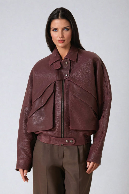 Cropped Leather Jacket with Oversized Lapels and Button Detailing - Maroon