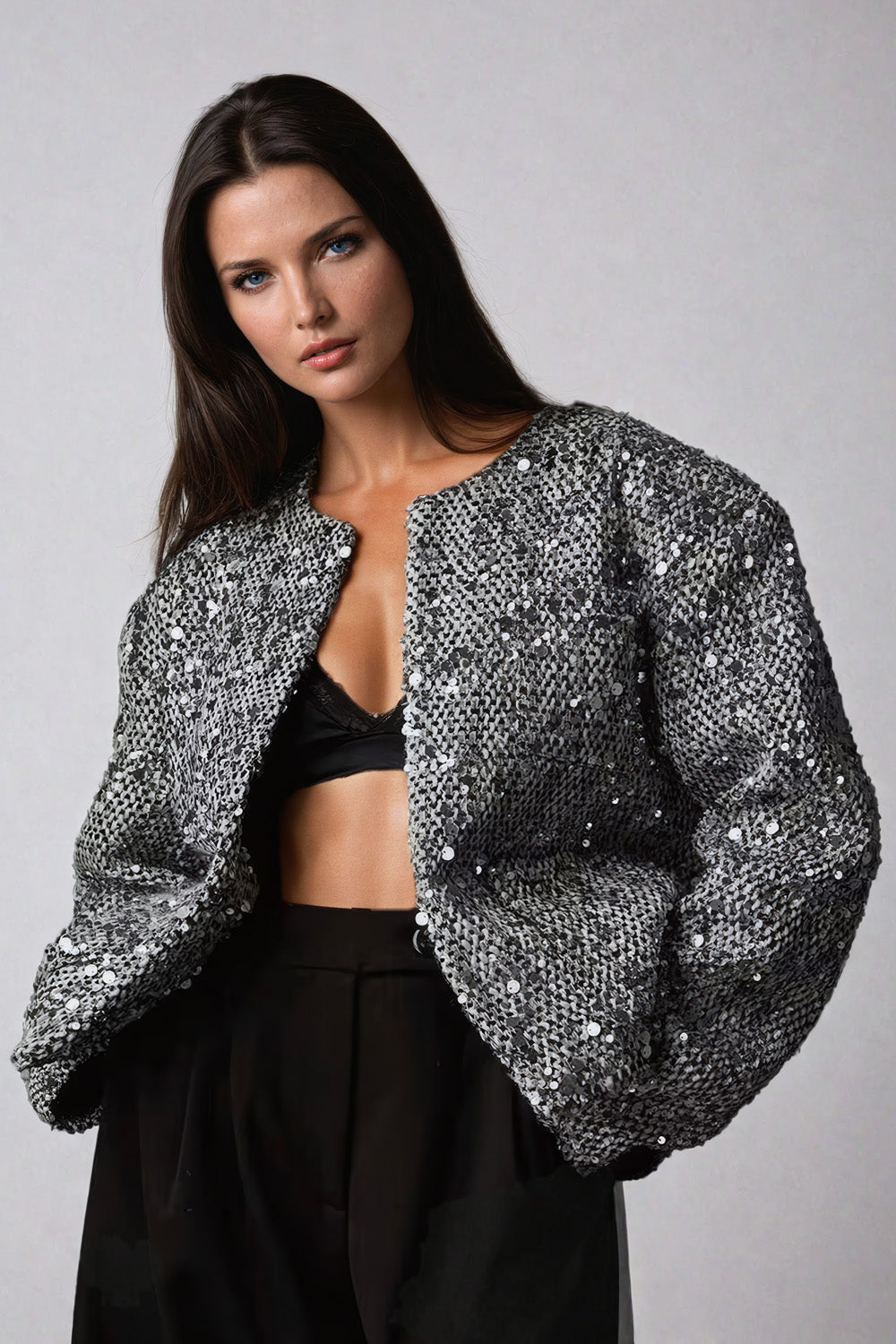 Sequin Embellished Long Sleeve Jacket - Silver