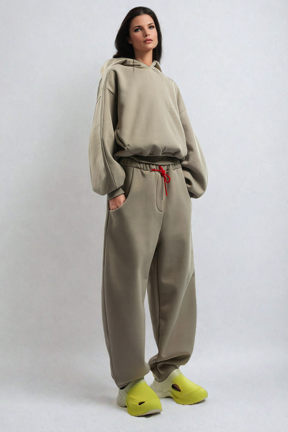 Two-Piece Set with Oversized Hoodie and Trousers - Light Brown