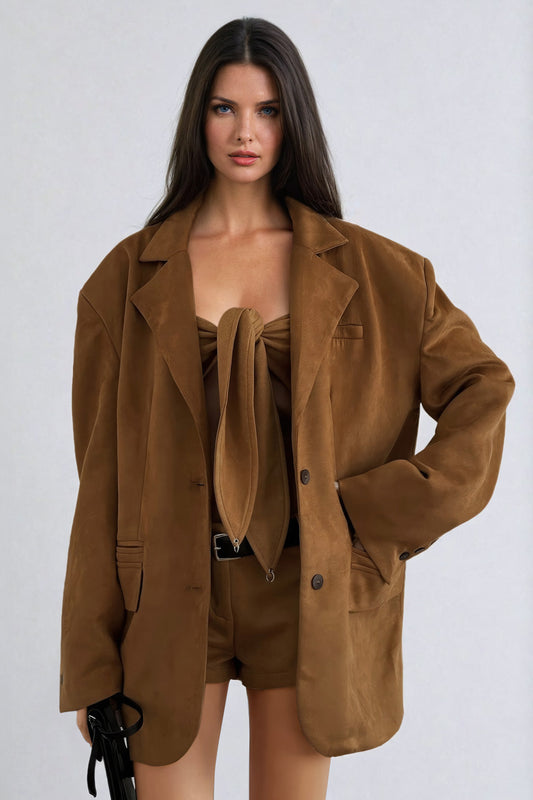 Oversized Blazer with Notched Lapels and Functional Pockets - Brown