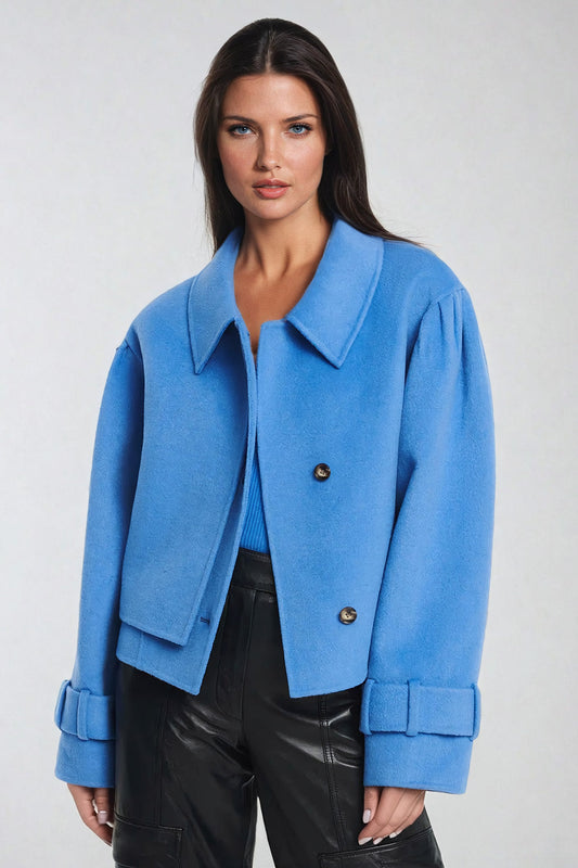 Cropped Wool Jacket with Buttoned Cuffs and Wide Collar - Blue