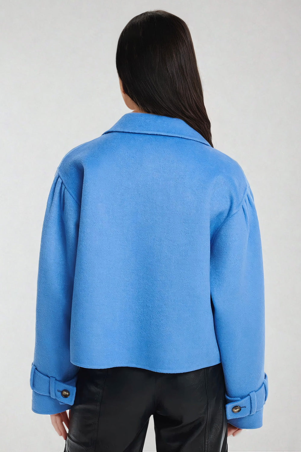 Cropped Wool Jacket with Buttoned Cuffs and Wide Collar - Blue