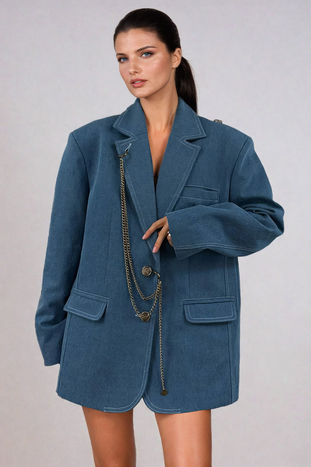 Oversized Denim Blazer with Chain Detail and Animal Print Accents - Dark Blue