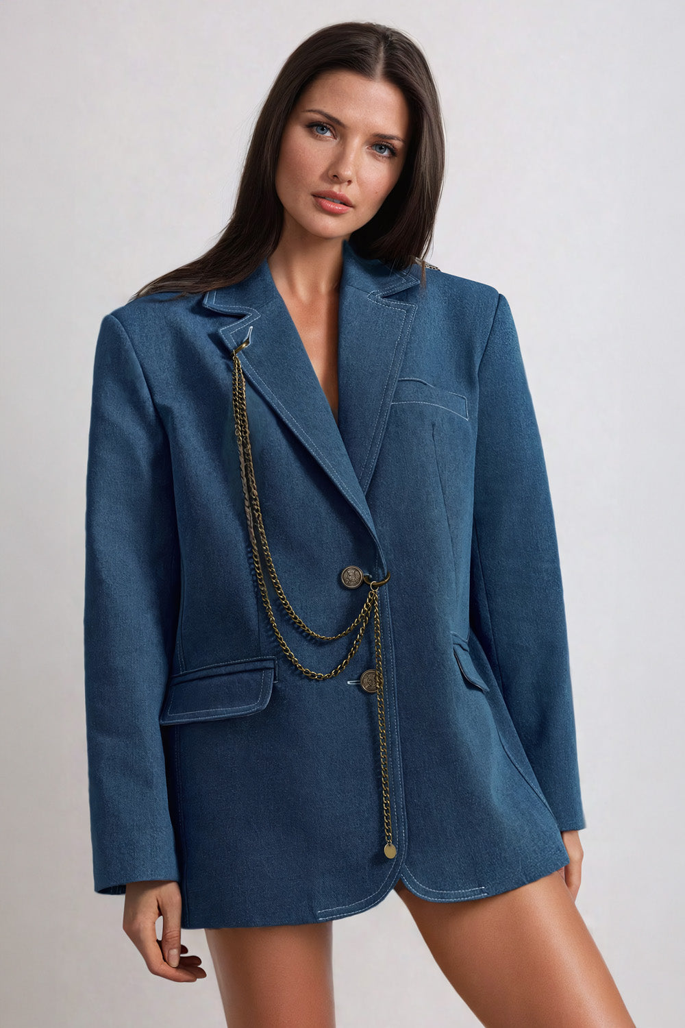 Oversized Denim Blazer with Chain Detail and Animal Print Accents - Dark Blue