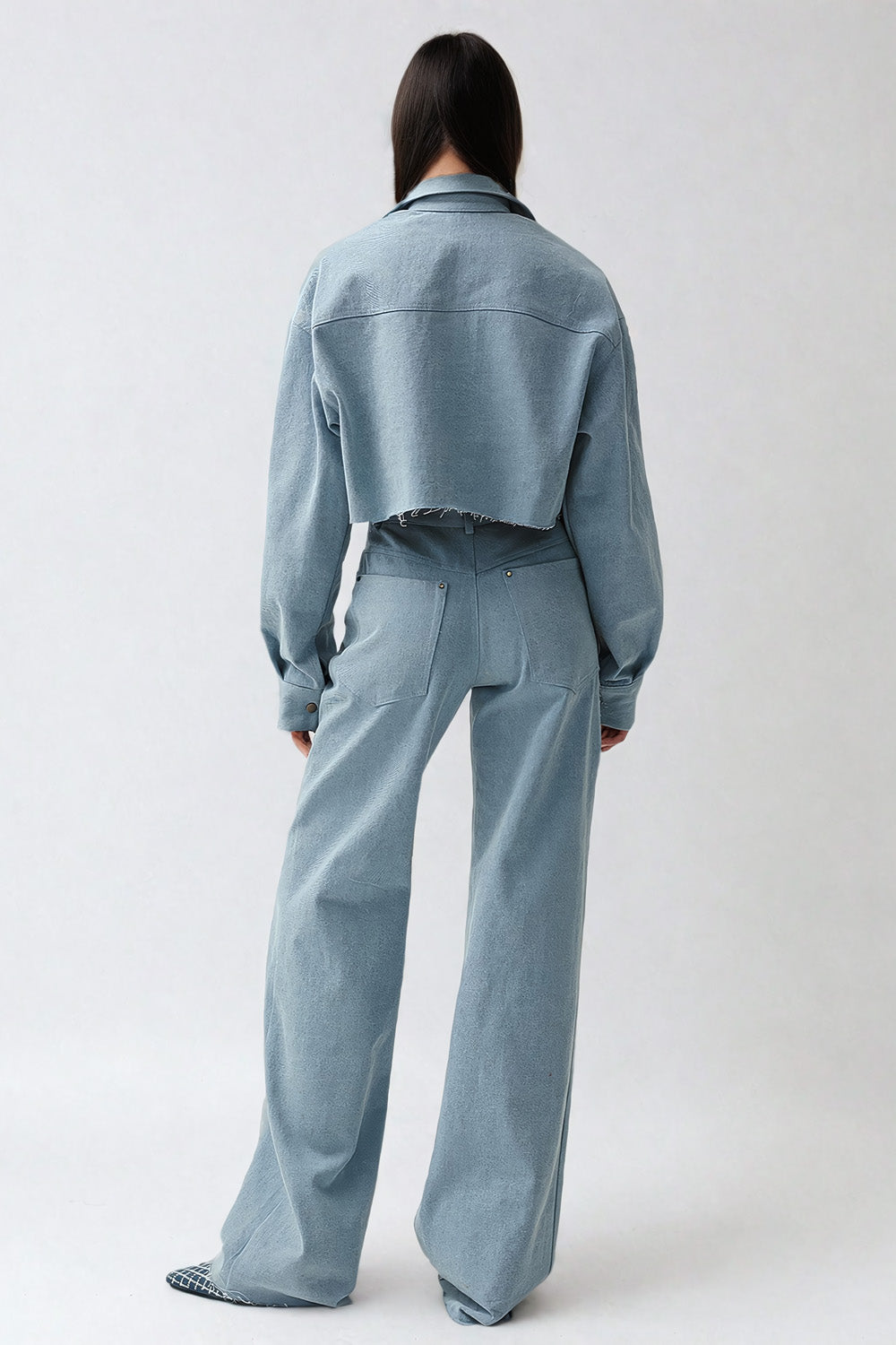 Cropped Denim Jacket with Raw Hem and Detachable Trousers Co-Ord Set - Light Blue