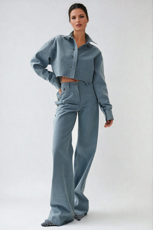 Cropped Denim Jacket with Raw Hem and Detachable Trousers Co-Ord Set - Light Blue