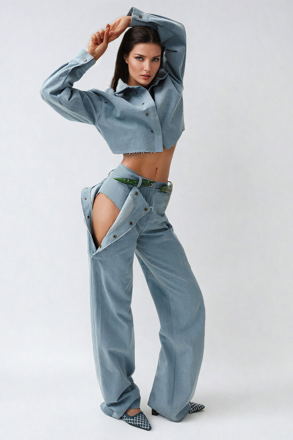 Cropped Denim Jacket with Raw Hem and Detachable Trousers Co-Ord Set - Light Blue