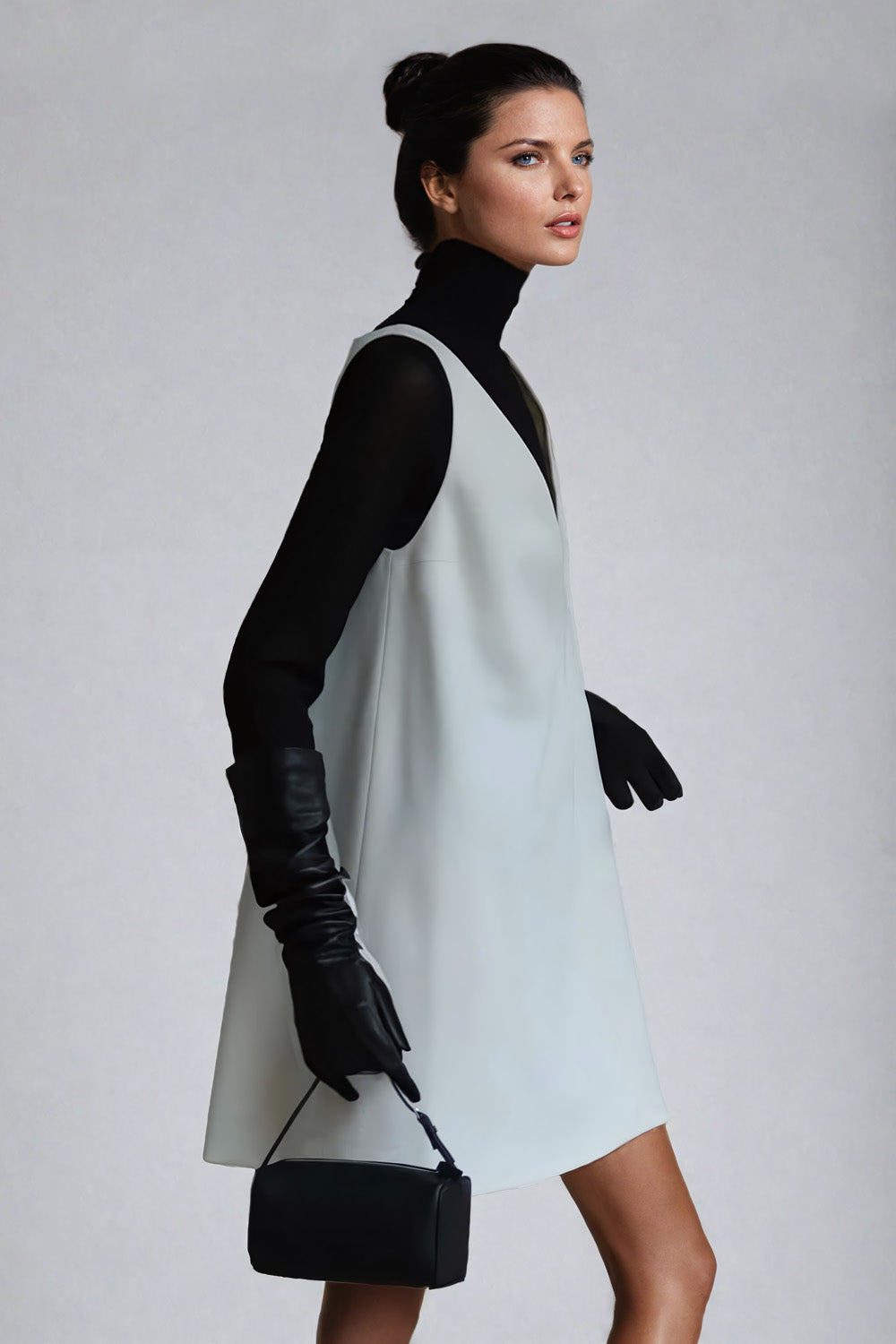 Sleeveless A-Line Dress with Deep V-Neck Overlay - White