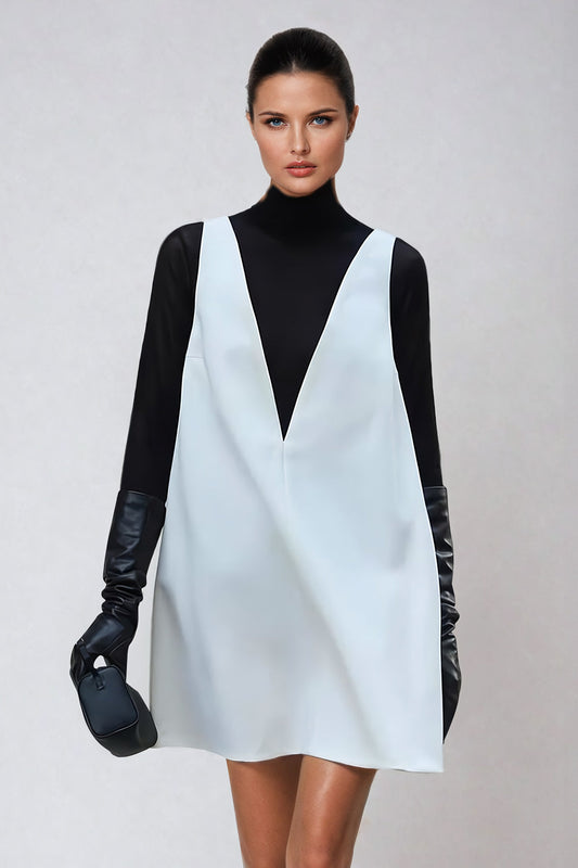 Sleeveless A-Line Dress with Deep V-Neck Overlay - White
