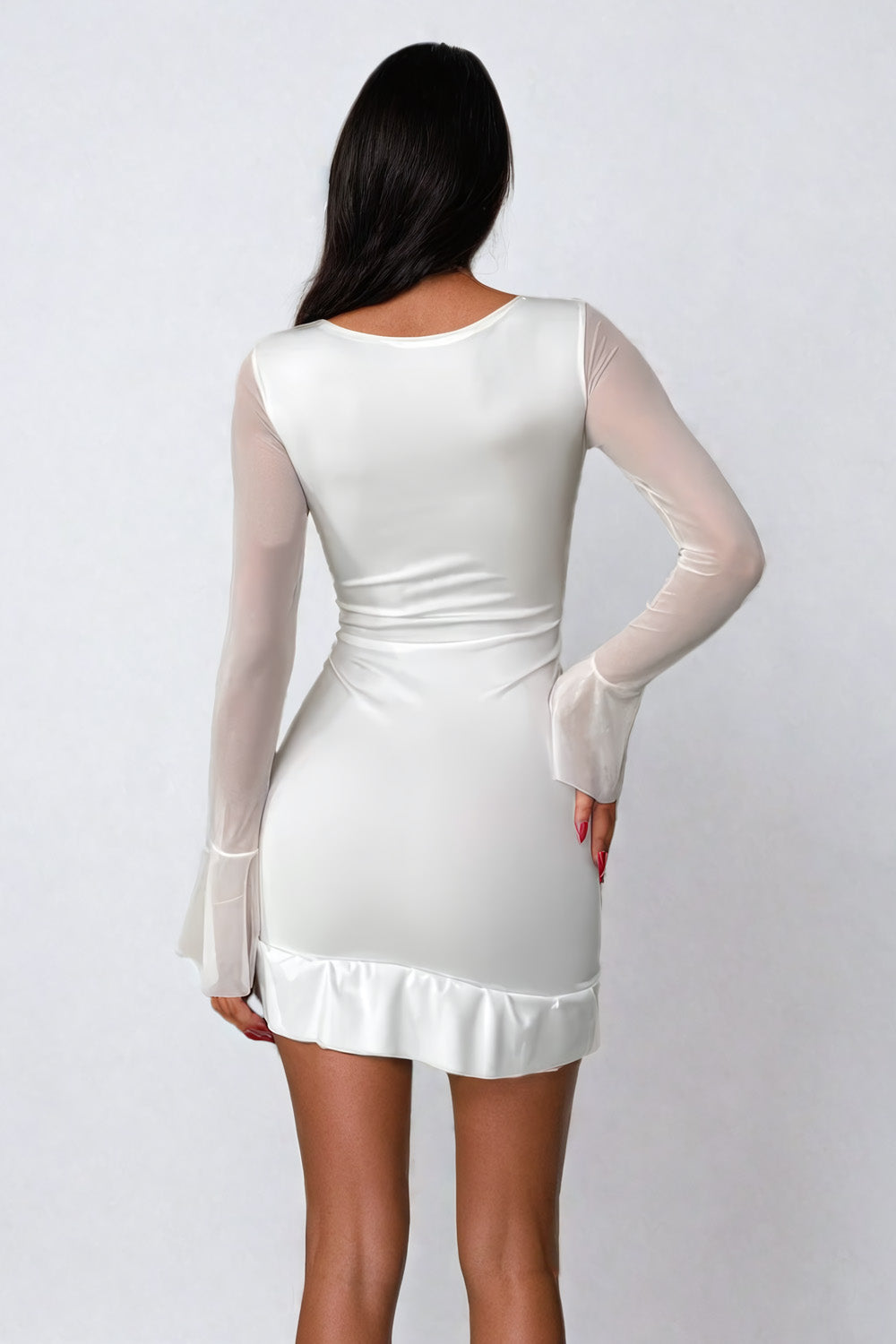 Long-Sleeve Bodycon Mini Dress with Ruffled Neckline and Flared Cuffs - White