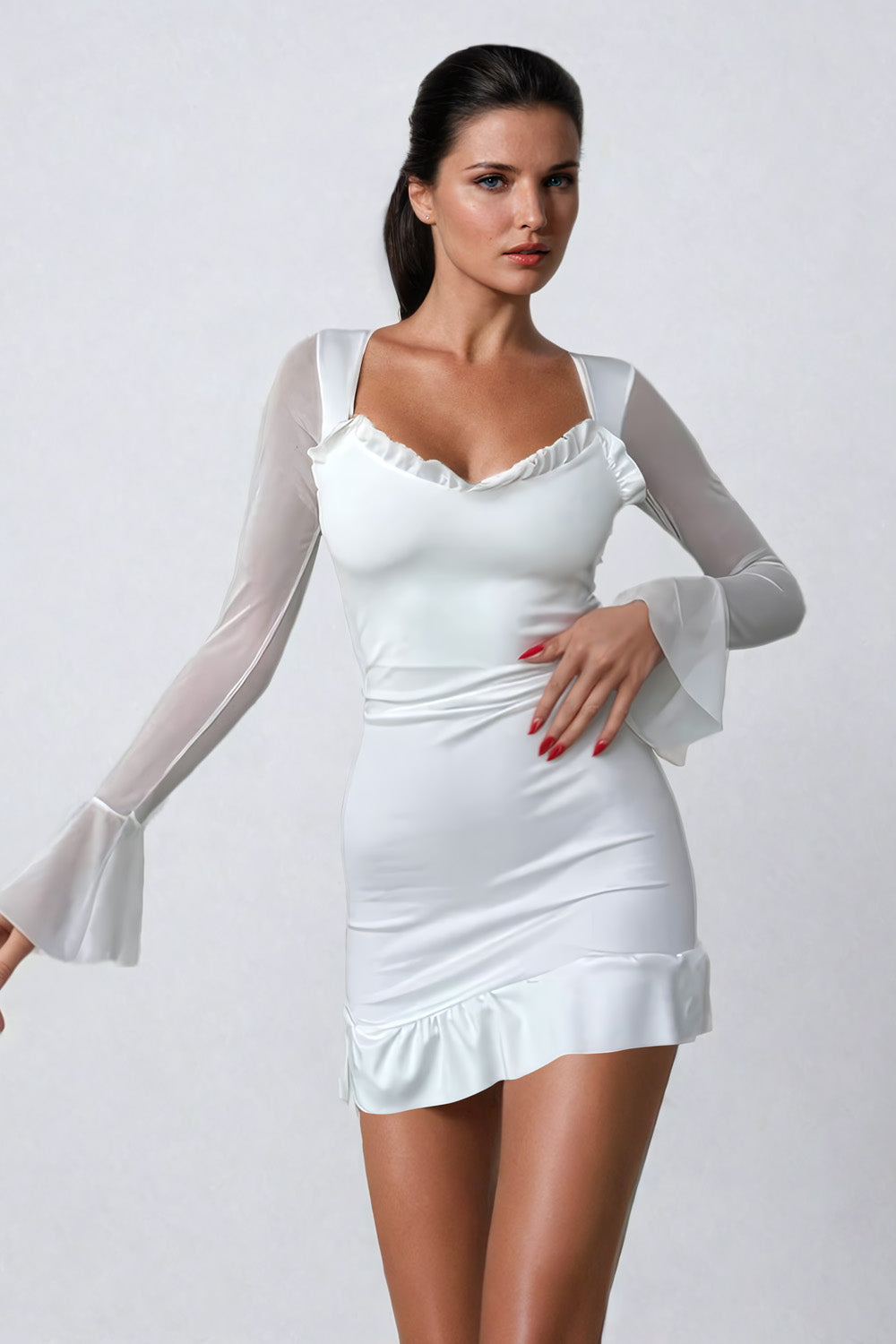 Long-Sleeve Bodycon Mini Dress with Ruffled Neckline and Flared Cuffs - White