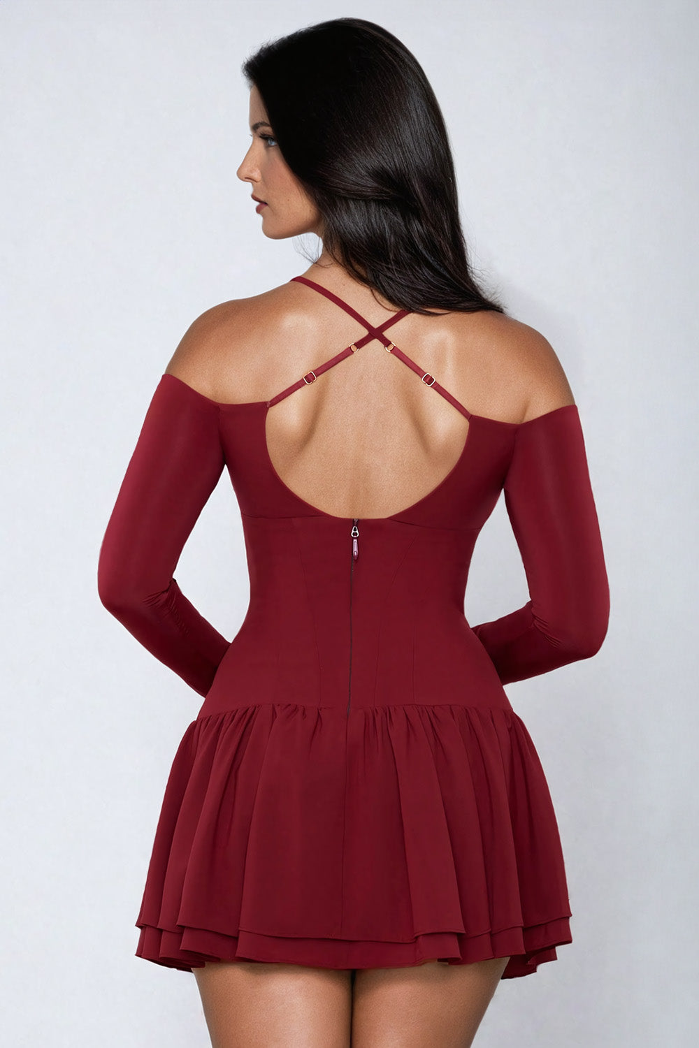 Off-Shoulder Flared Mini Dress with Spaghetti Straps - Red