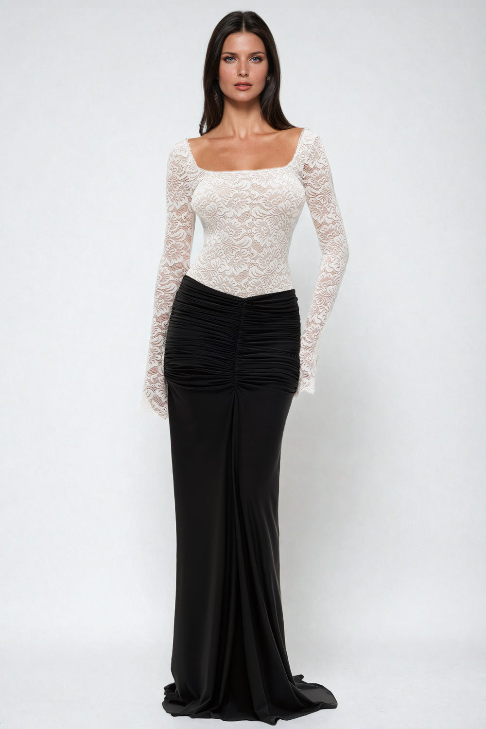 Long-Sleeve Lace-Top Bodycon Maxi Dress - White