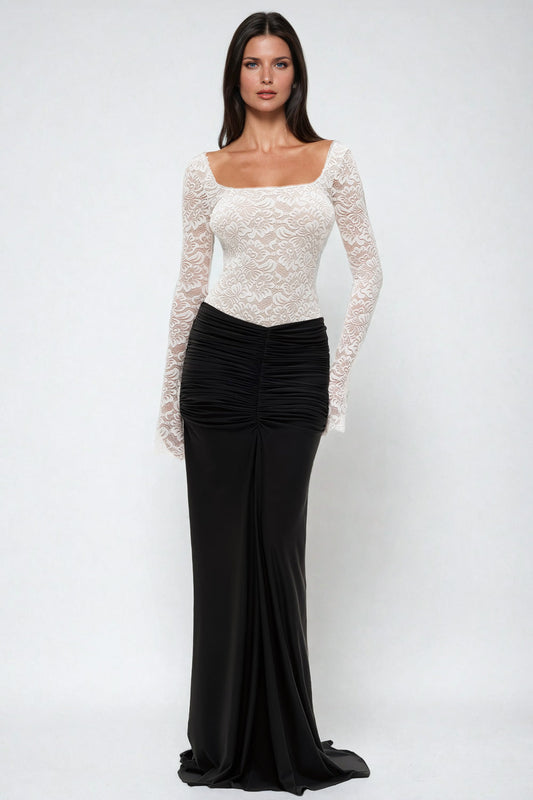 Long-Sleeve Lace-Top Bodycon Maxi Dress - White