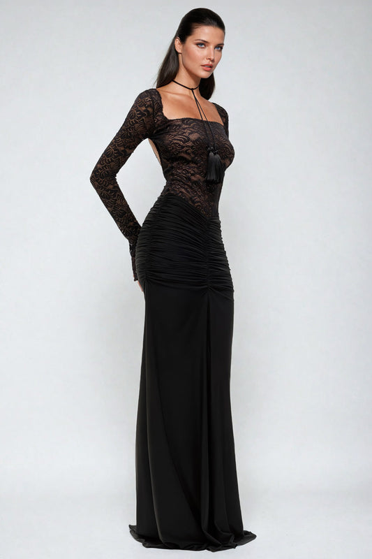 Long-Sleeve Lace-Top Bodycon Maxi Dress - Black