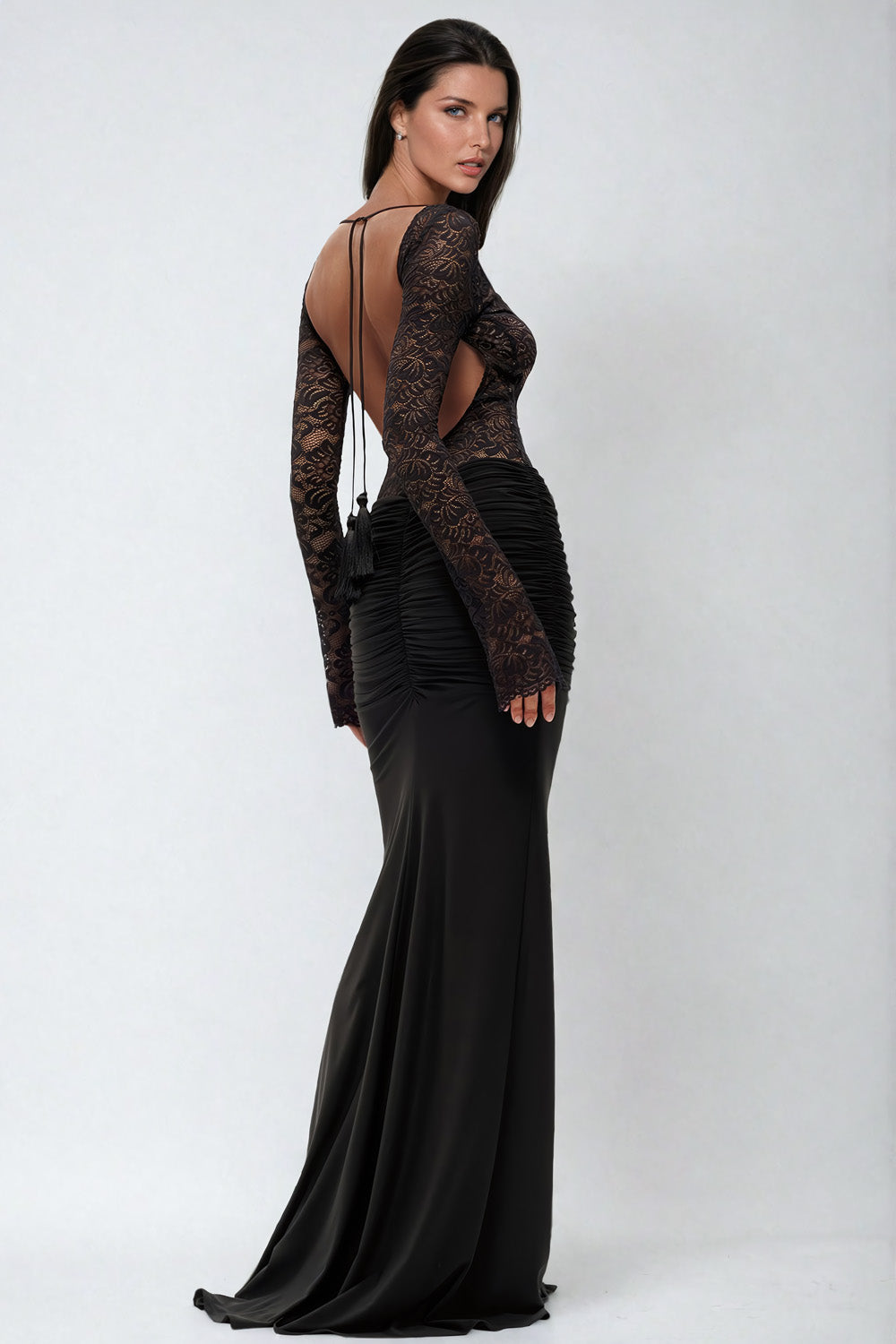 Long-Sleeve Lace-Top Bodycon Maxi Dress - Black