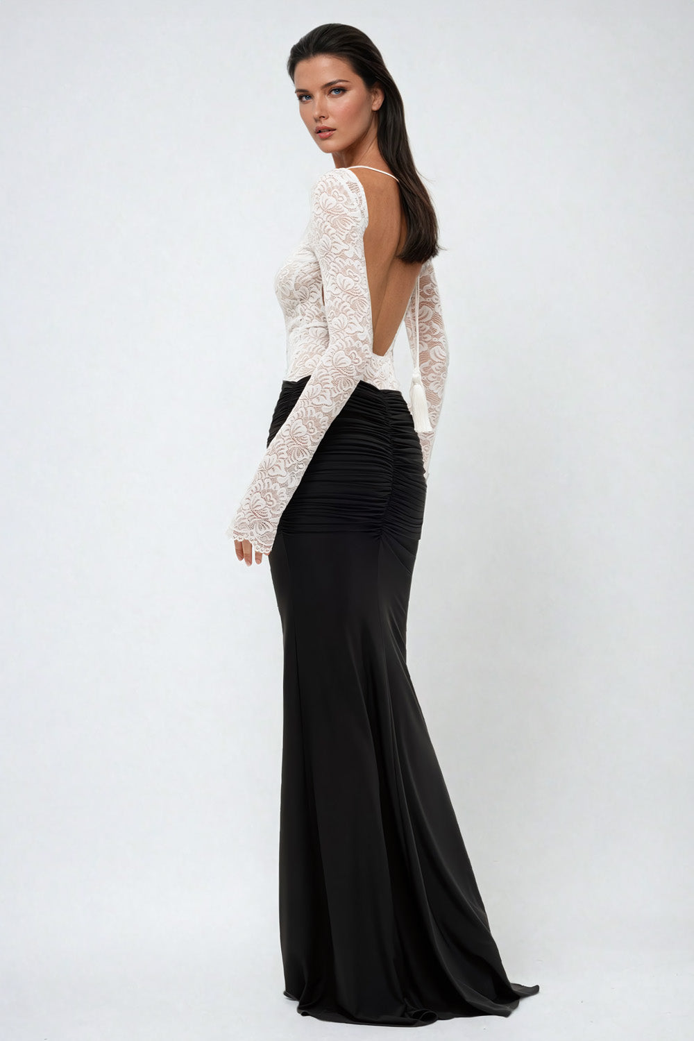 Long-Sleeve Lace-Top Bodycon Maxi Dress - White