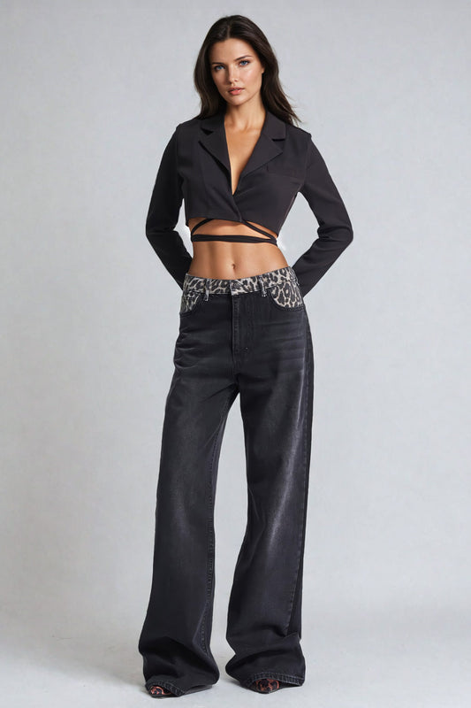 Wide-Leg Jeans with Contrasting Waistband Detail - Black