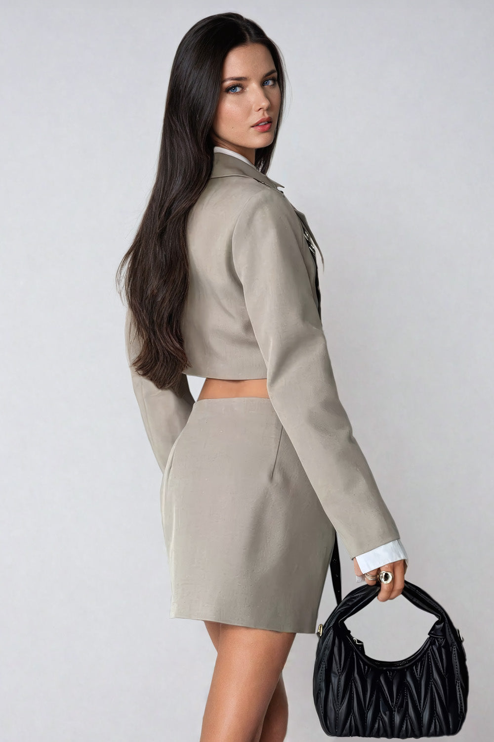 Two-Piece Set with Cropped Blazer and Mini Skirt - Beige