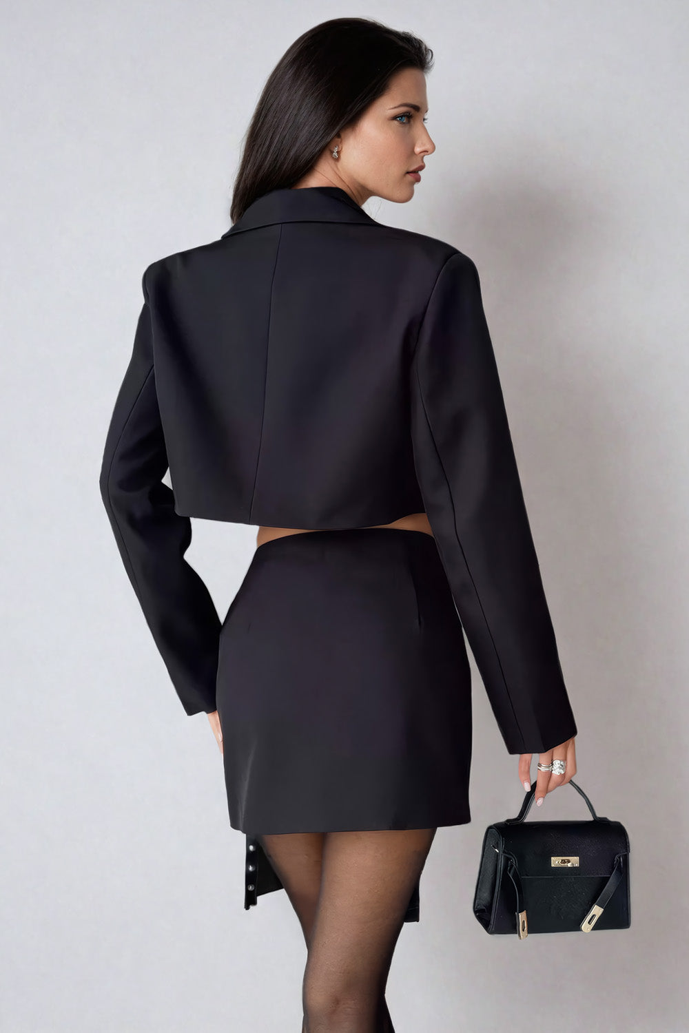 Two-Piece Set with Cropped Blazer and Mini Skirt - Black