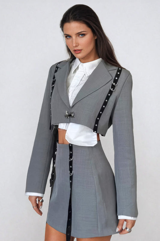 Two-Piece Set with Cropped Blazer and Mini Skirt - Gray