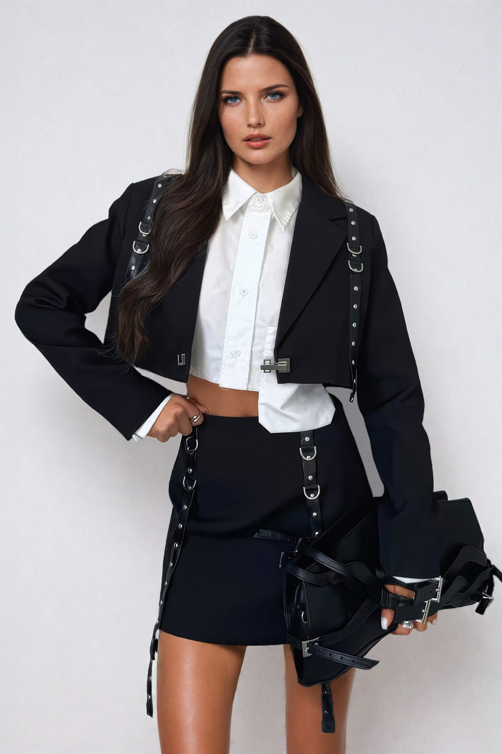 Two-Piece Set with Cropped Blazer and Mini Skirt - Black