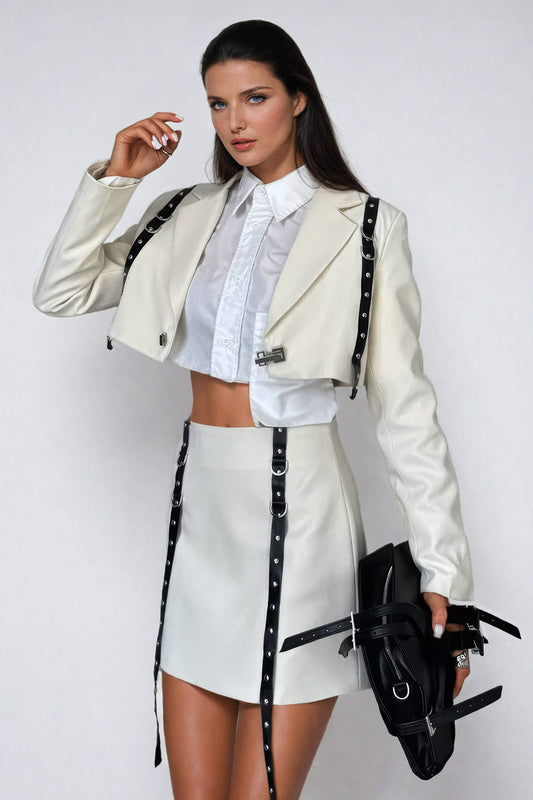 Two-Piece Set with Cropped Blazer and Mini Skirt - White