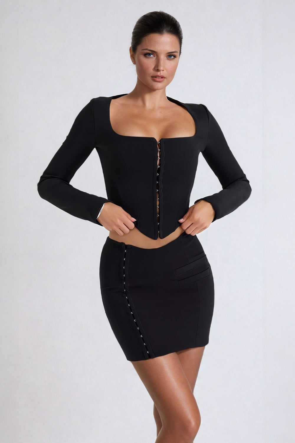 Corset Style Long Sleeve Top with Mini Skirt Co-Ord Set - Black