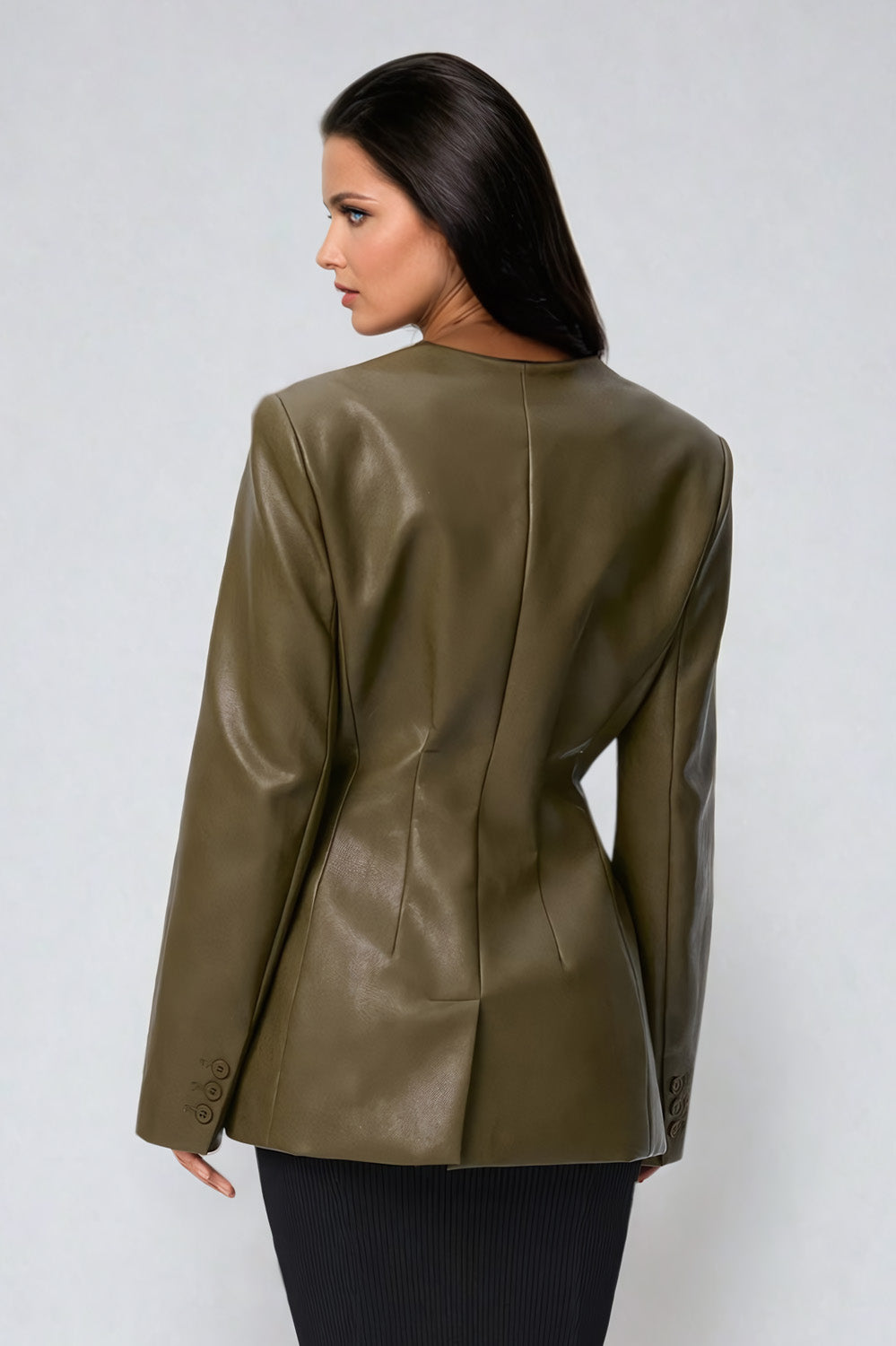 Tailored Leather Blazer with Notched Waist - Green