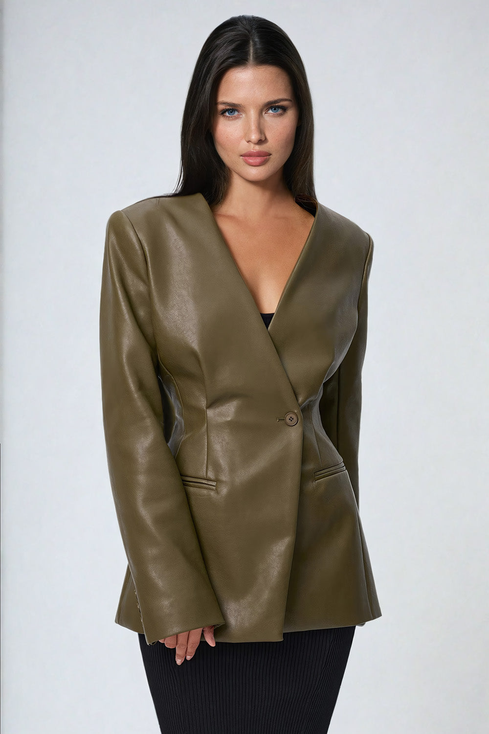 Tailored Leather Blazer with Notched Waist - Green