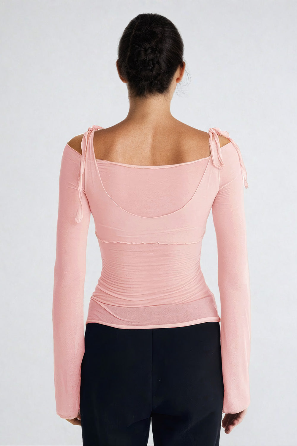 Off-Shoulder Long Sleeve Top with Adjustable Shoulder Tie Detailing - Pink