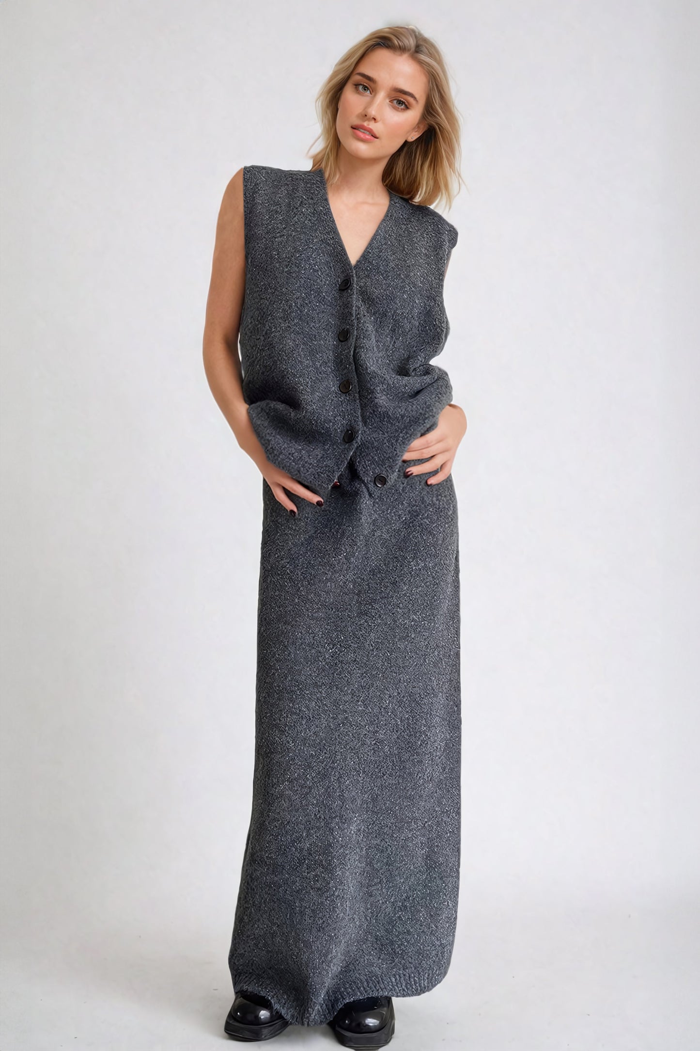 Three-Piece Set with Sleeveless Knit Vest with Maxi Skirt and Cardigan - Gray