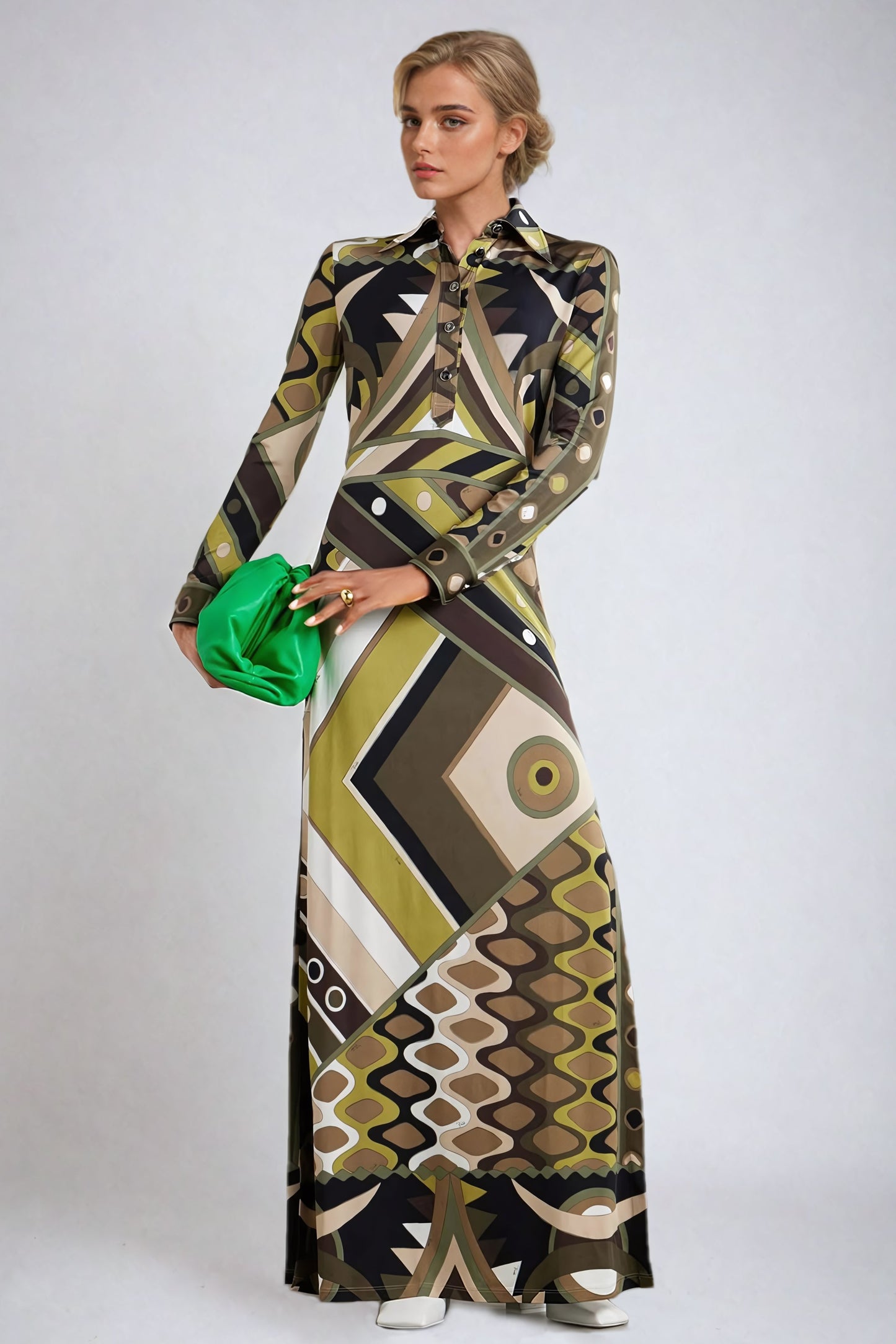 Long-Sleeve Geometric Print Maxi Dress - Green