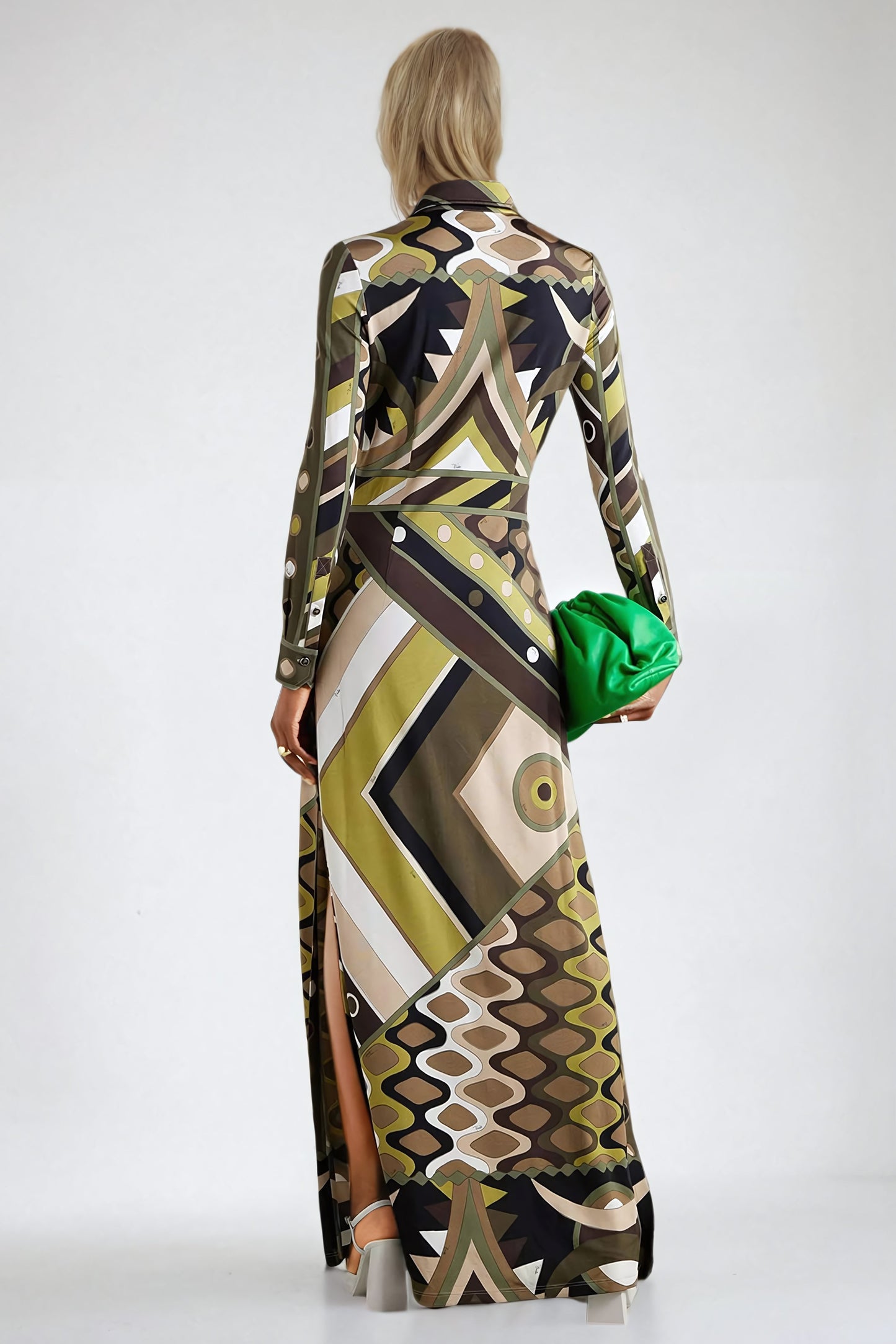 Long-Sleeve Geometric Print Maxi Dress - Green