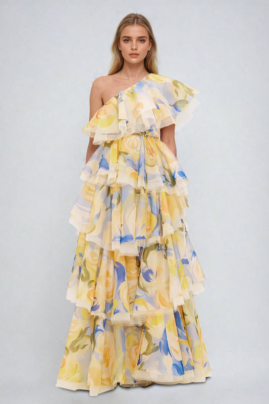 Asymmetrical Tiered Floral Maxi Dress with Ruffle Details - Yellow