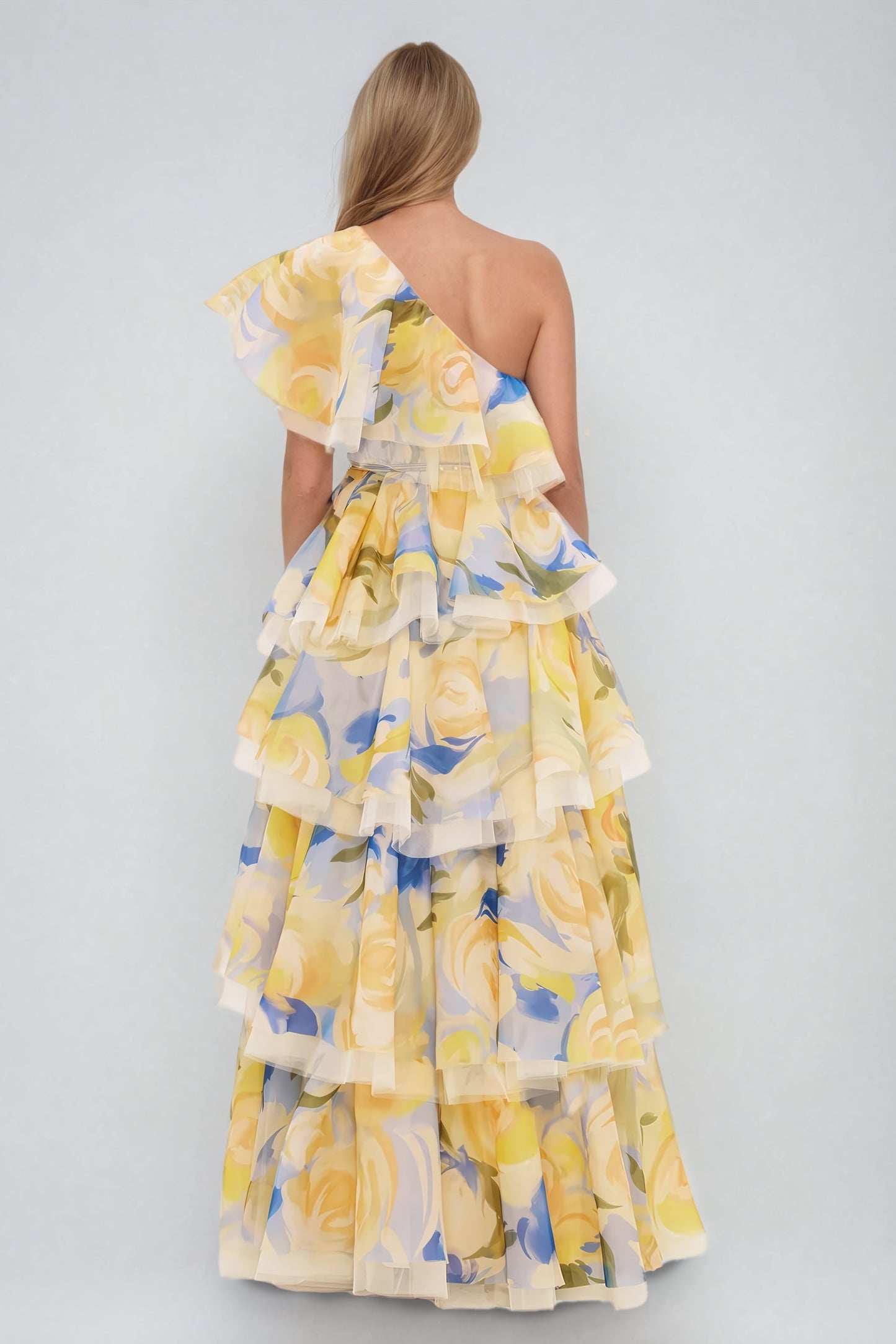 Asymmetrical Tiered Floral Maxi Dress with Ruffle Details - Yellow