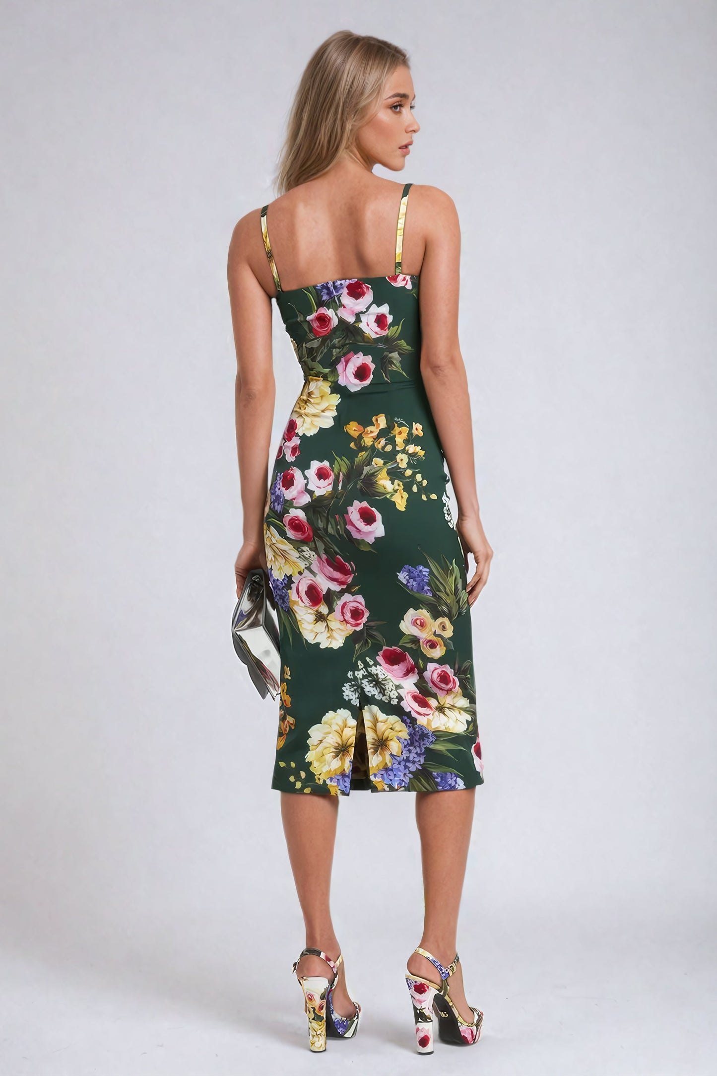 Spaghetti Strap Floral Print Midi Dress - Green