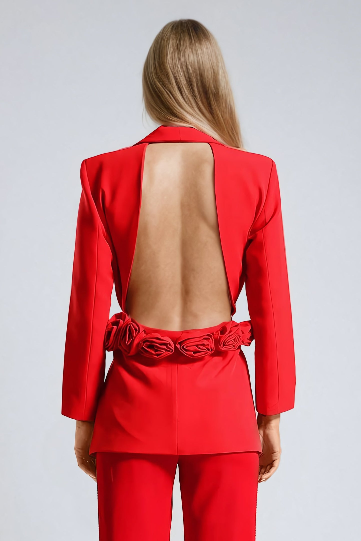 Open-Back Blazer with Floral Detail - Red