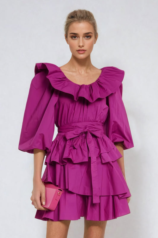 Tiered Ruffle Mini Dress with Puff Sleeves - Purple