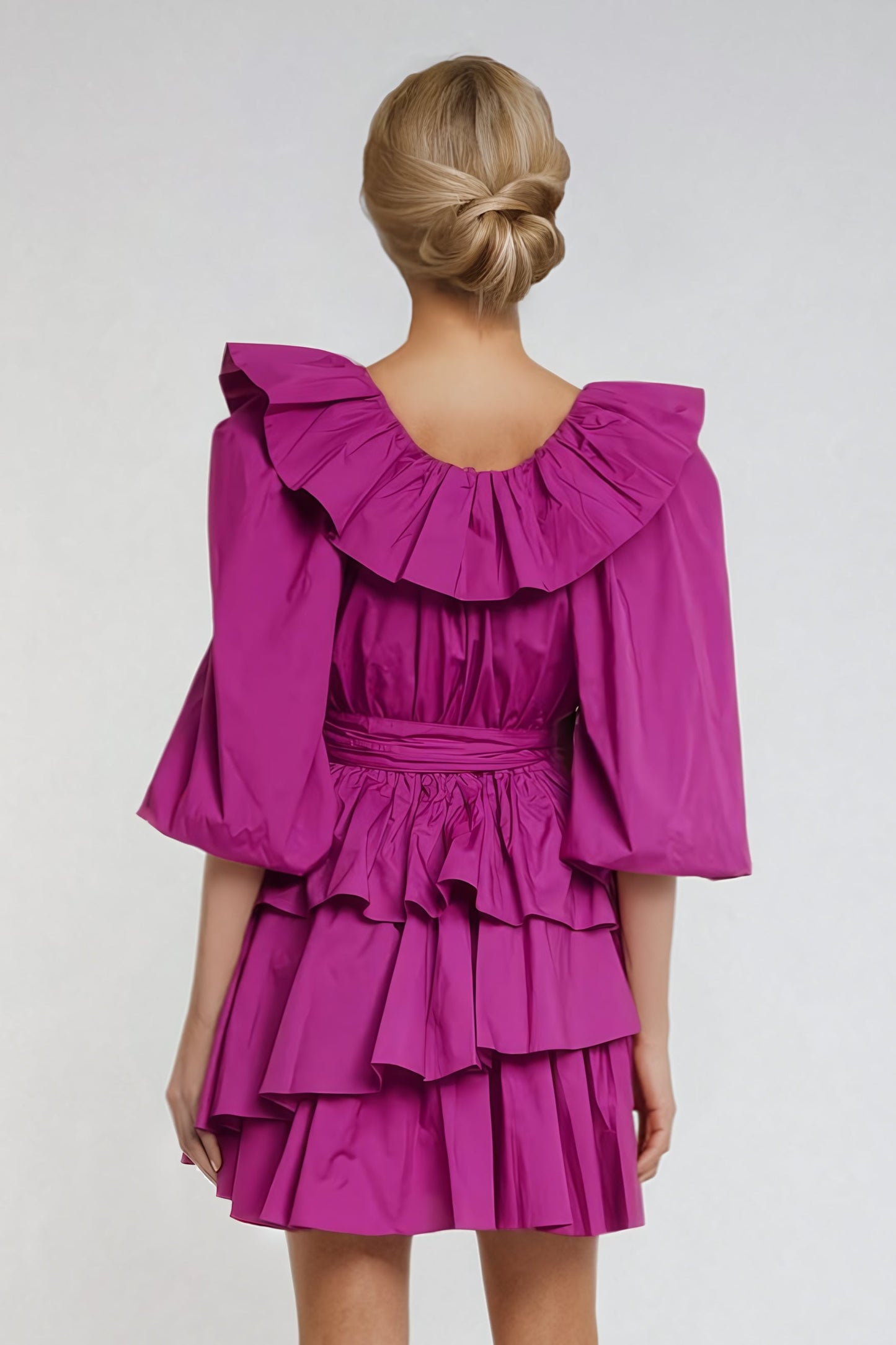 Tiered Ruffle Mini Dress with Puff Sleeves - Purple