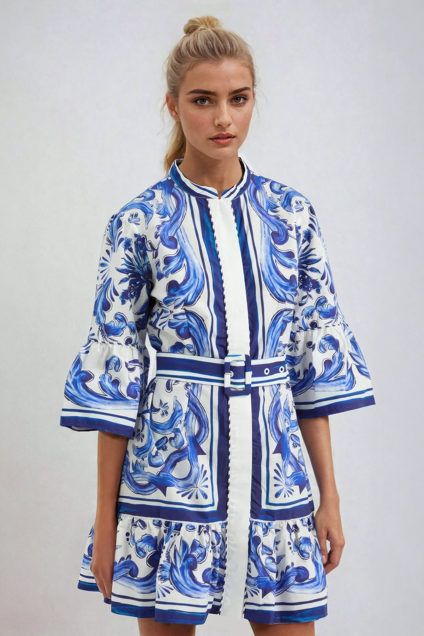 Belted Floral Print Mini Dress with Flared Sleeves - Blue