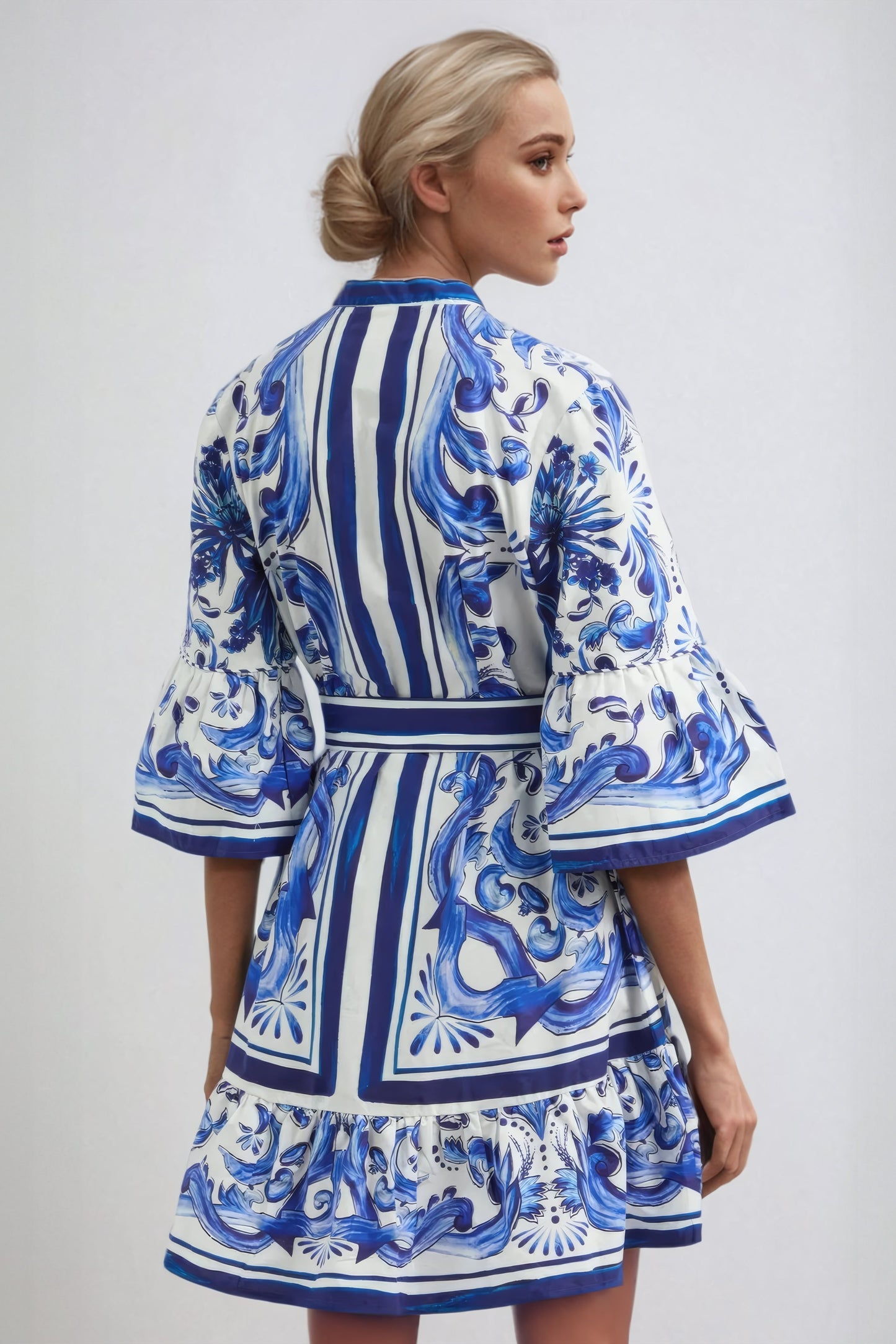 Belted Floral Print Mini Dress with Flared Sleeves - Blue