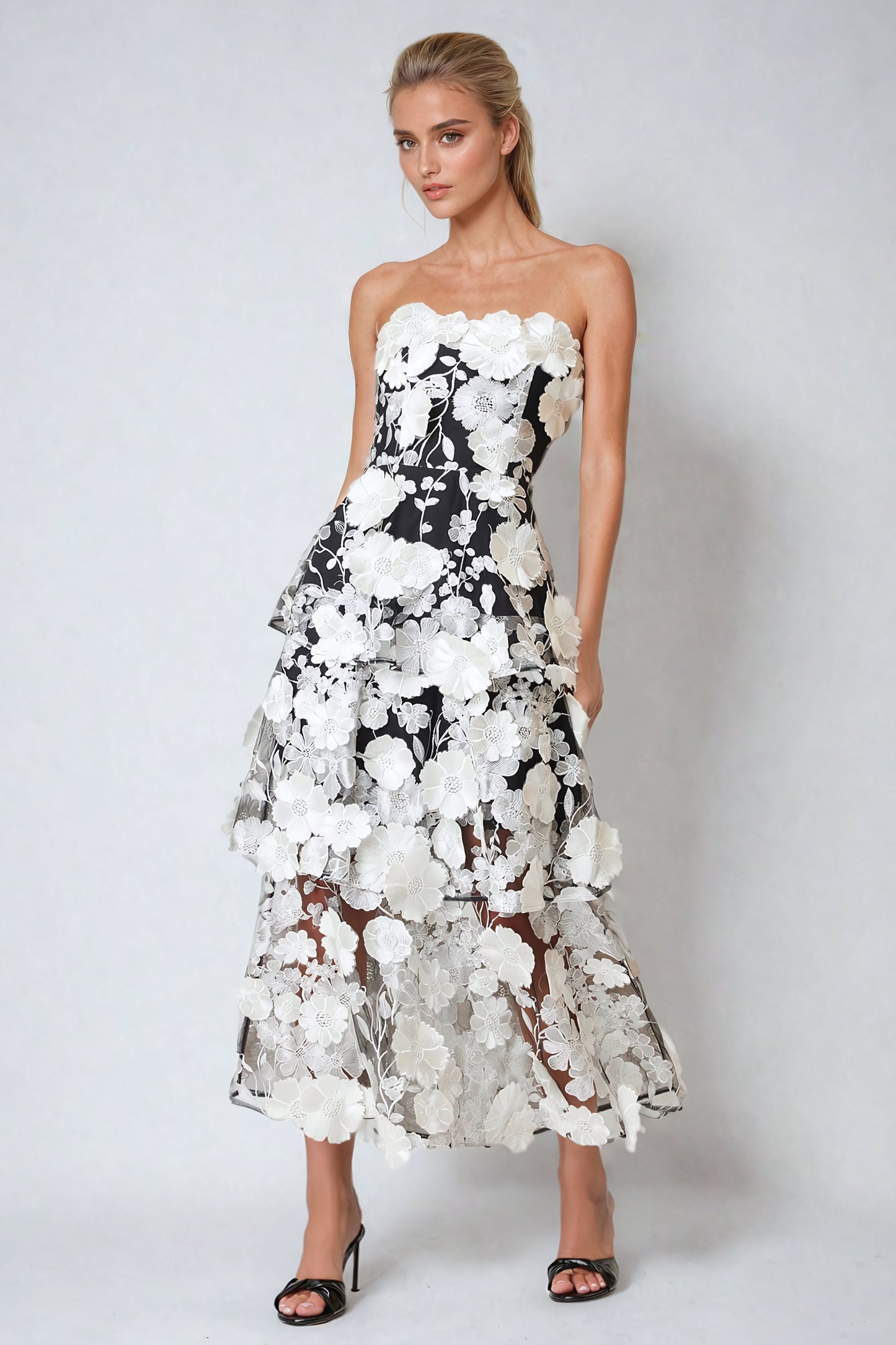 Strapless Floral 3D Tiered Midi Dress - Black