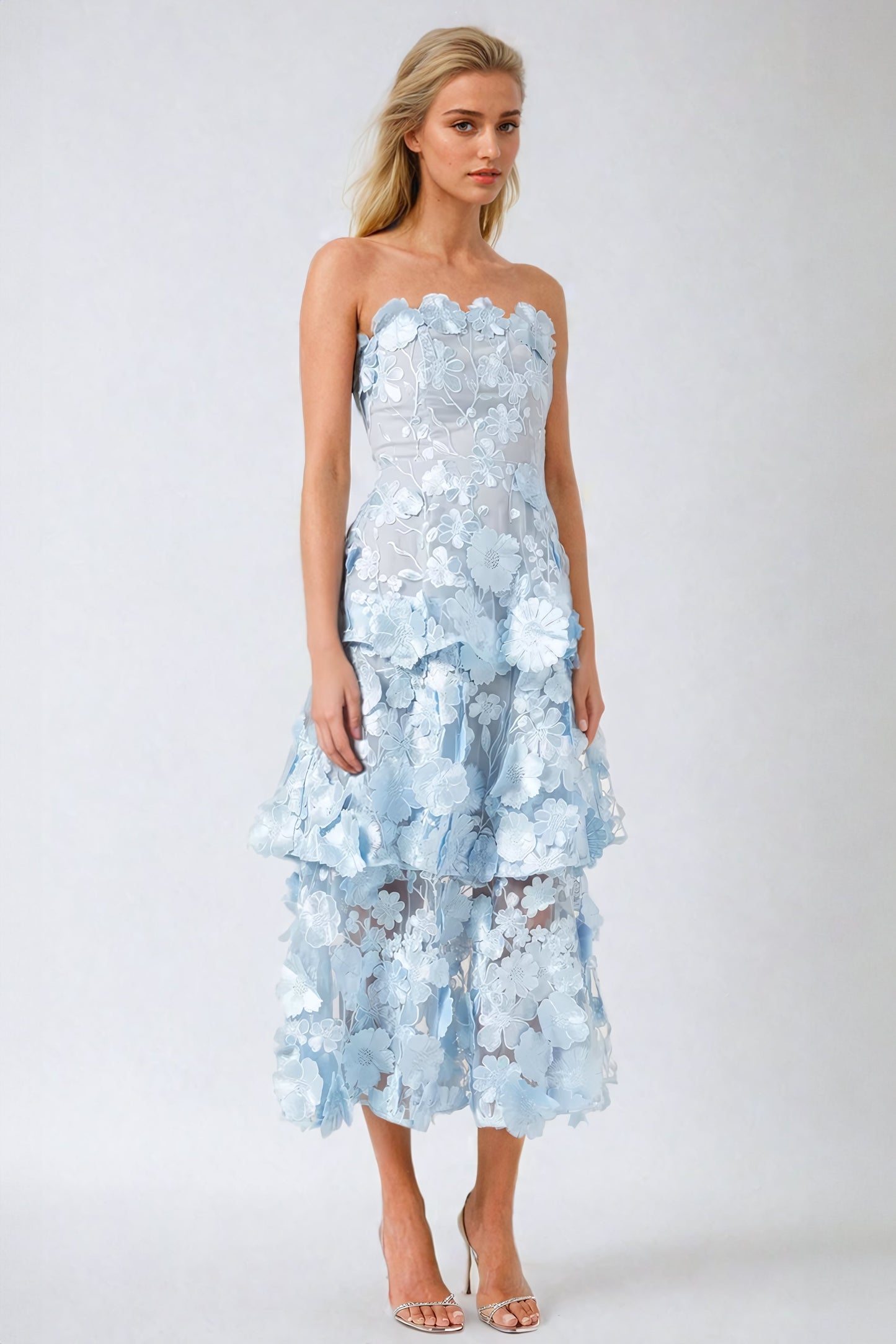 Strapless Floral 3D Tiered Midi Dress - Blue