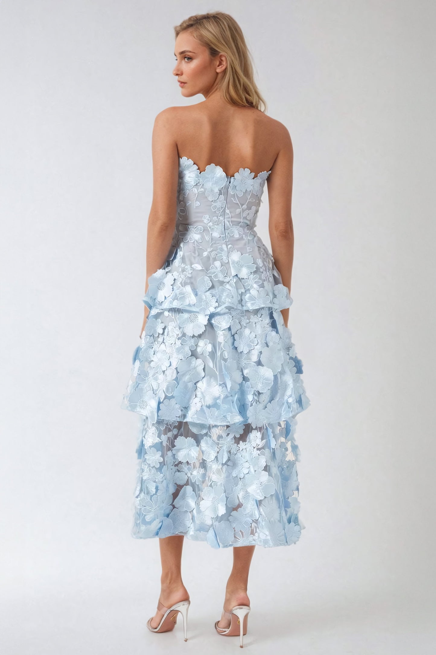 Strapless Floral 3D Tiered Midi Dress - Blue