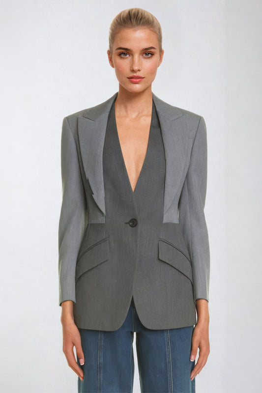 Two-Tone Tailored Blazer with Notched Lapels and Single Button Closure - Gray