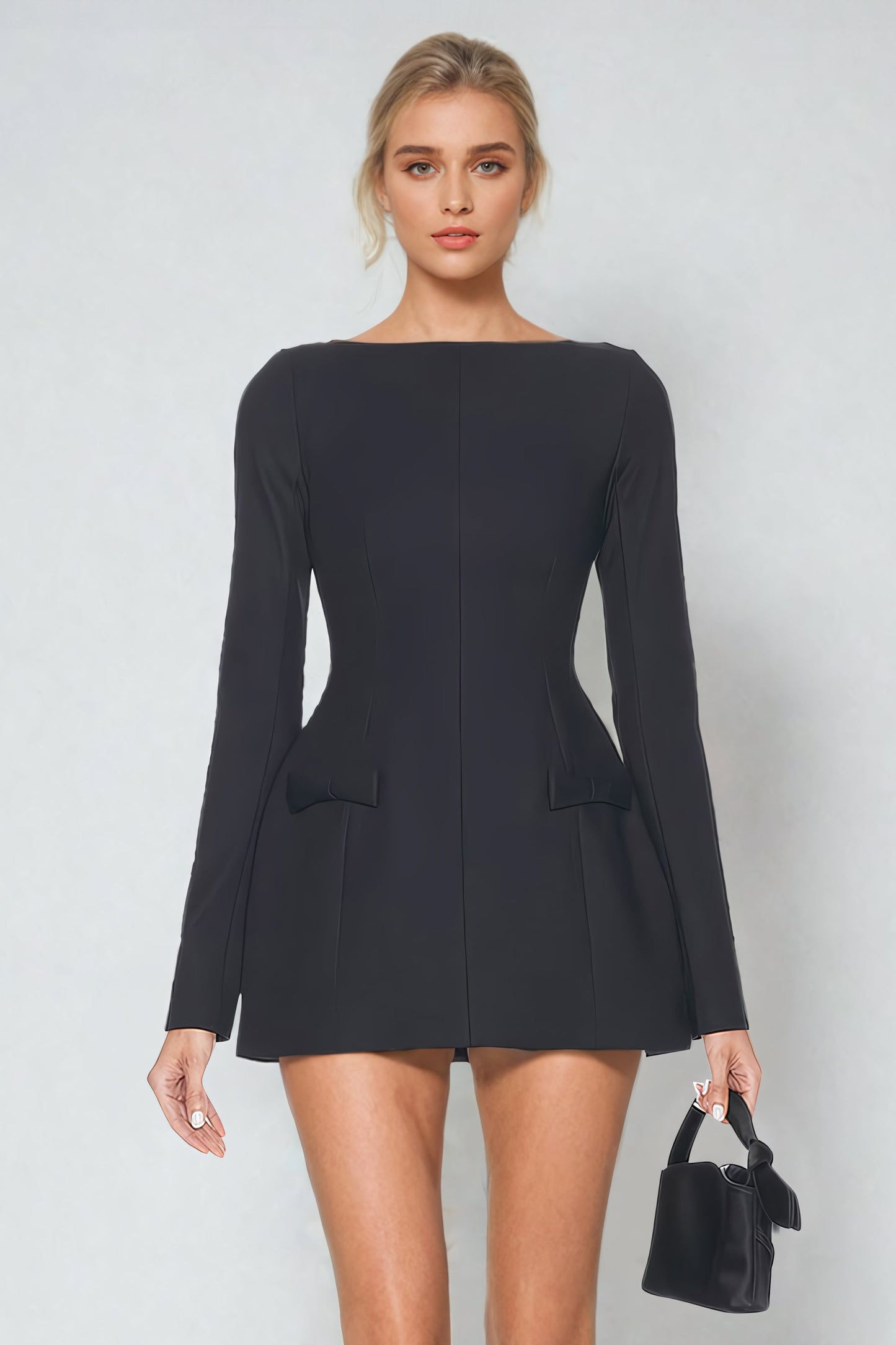 Long-Sleeve Structured Mini Dress - Black