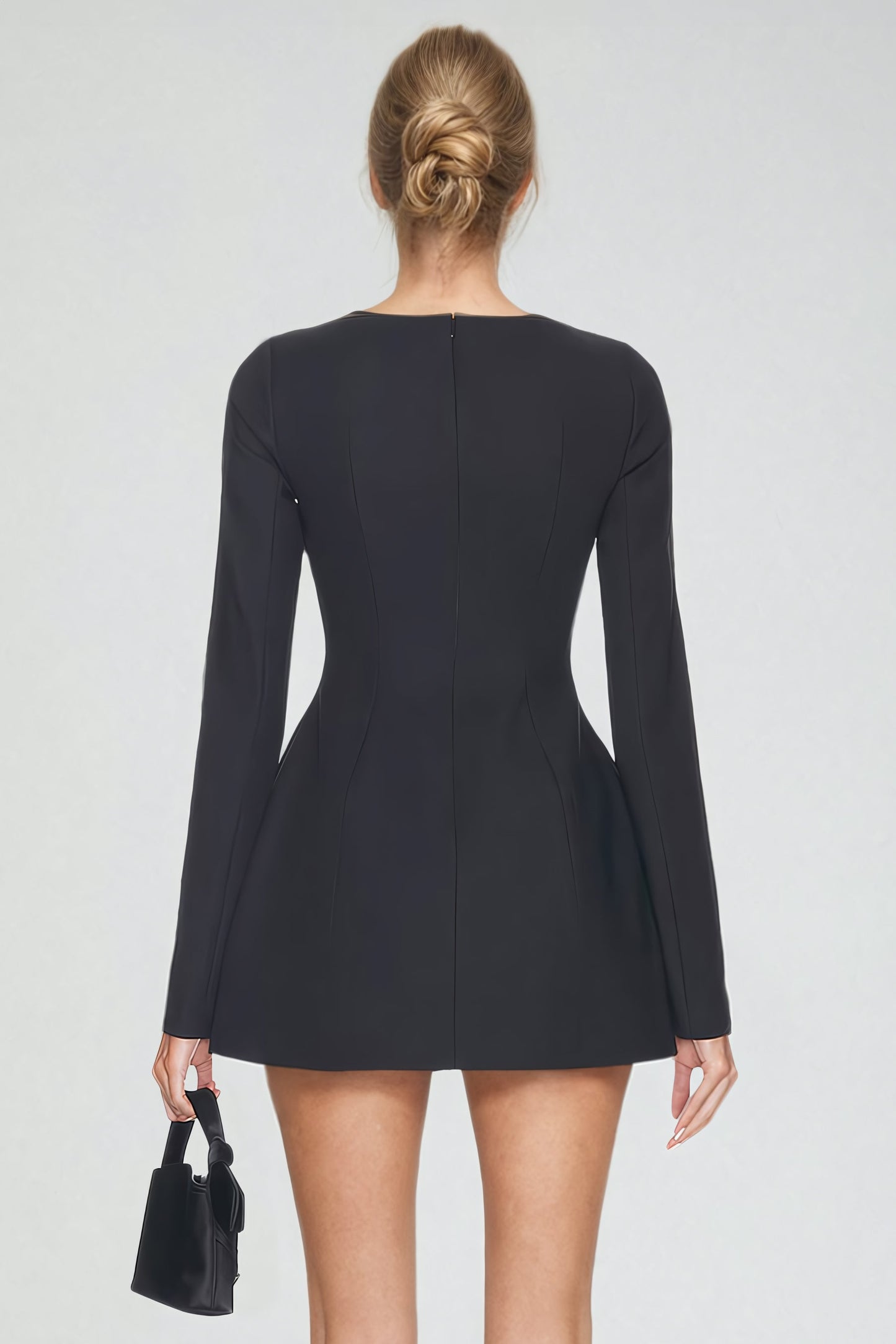 Long-Sleeve Structured Mini Dress - Black